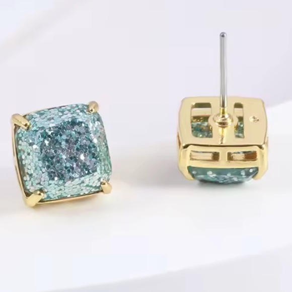 KATE SPADE NEW YORK ♠️ LIGHT BLUE & GRAY GLITTER SQUARE EARRINGS - Picture 4 of 7
